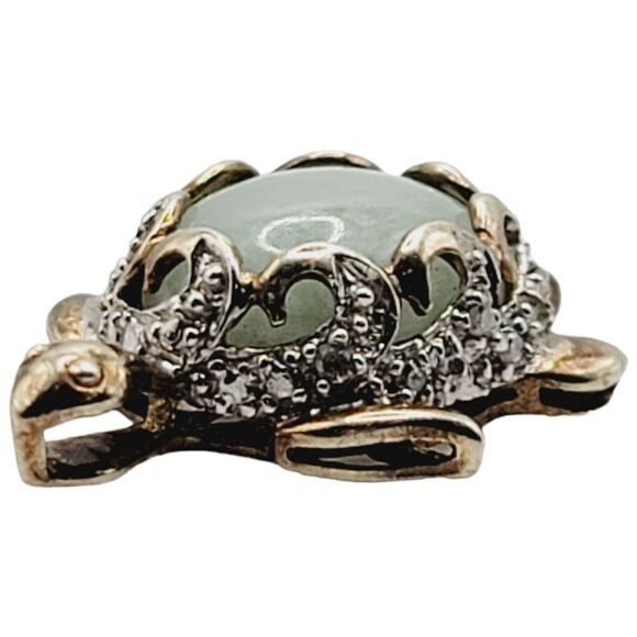 Sterling Silver 925 Vermeil Turtle Necklace Pendant Natural Jadeite and Diamonds - Picture 2 of 13